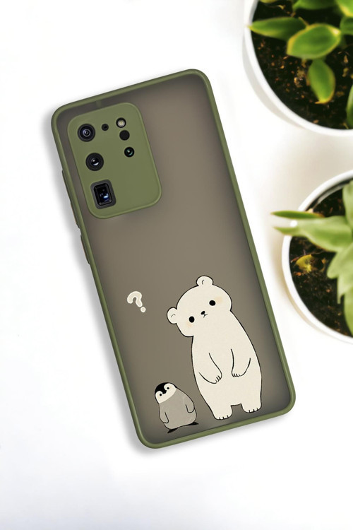 Samsung S20 Ultra Uyumlu Penguen Ve Ayıcık Desenli Buzlu Şeffaf Lüx Telefon Kılıfı