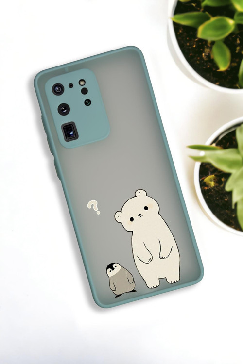Samsung S20 Ultra Uyumlu Penguen Ve Ayıcık Desenli Buzlu Şeffaf Lüx Telefon Kılıfı