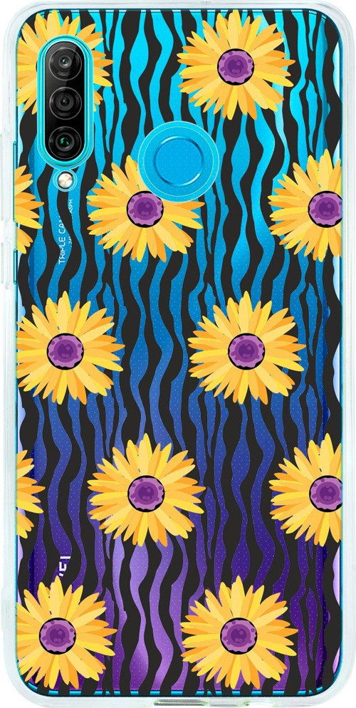 Huawei P30 Lite Uyumlu Sarı Papatyalar Desenli Şeffaf Silikonlu Telefon Kılıfı