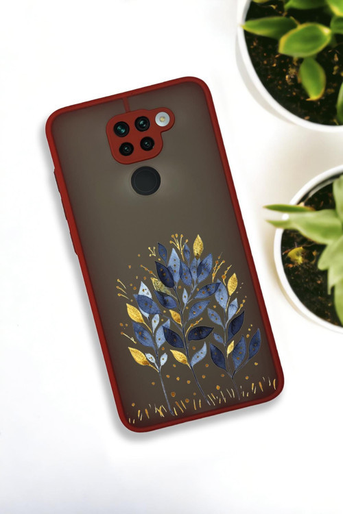 Xiaomi Redmi Note 9 Uyumlu Mavi Yaprak Desenli Buzlu Şeffaf Lüx Telefon Kılıfı