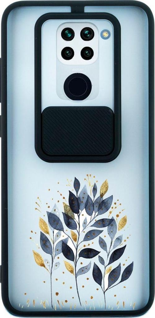 Xiaomi Redmi Note 9 Uyumlu Mavi Yaprak Desenli Kamera Korumalı Siyah Telefon Kılıfı