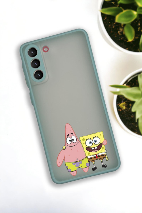 Samsung S21 Plus Uyumlu Sünger Bob Ve Patrick Star Desenli Buzlu Şeffaf Lüx Telefon Kılıfı