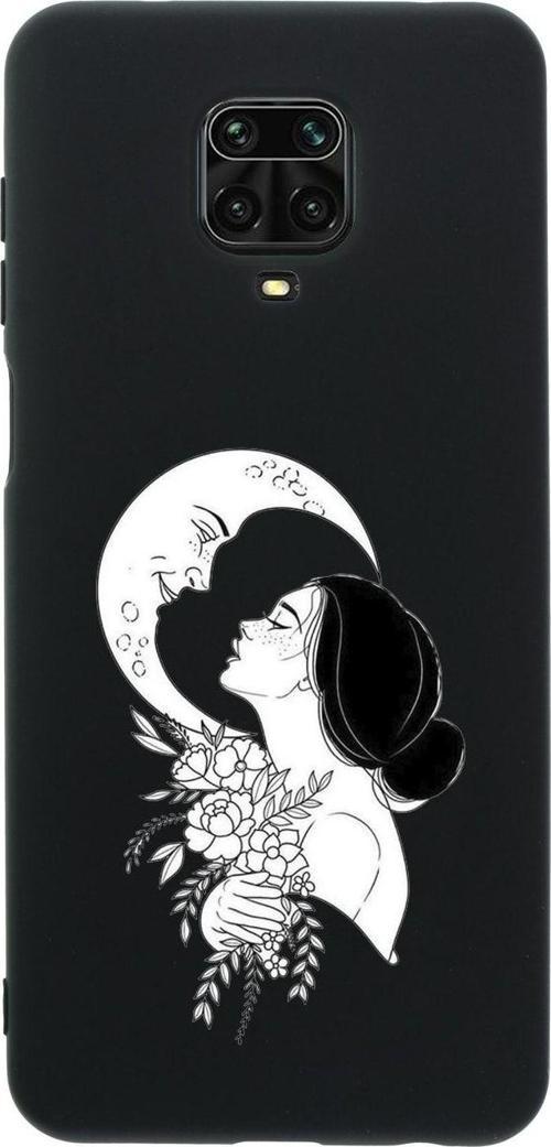 Xiaomi Redmi Note 9S Moon & Woman Desenli Premium Silikonlu Siyah Telefon Kılıfı