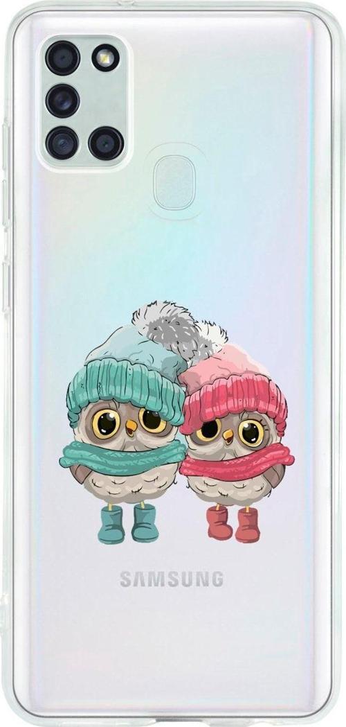 Uyumlu Samsung A21S Bereli Baykuş Desenli Premium Şeffaf Silikon Kılıf