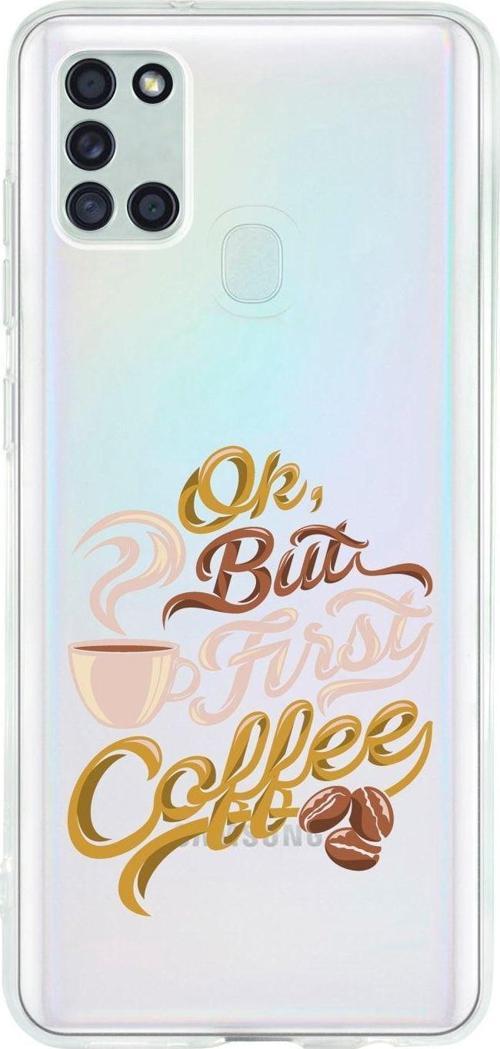 Uyumlu Samsung A21S Coffee Desenli Premium Şeffaf Silikon Kılıf