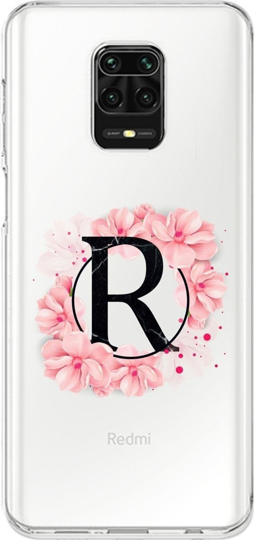Xiaomi Redmi Note 9S Pembe Çiçek Desen R Harfli Şeffaf Kılıf