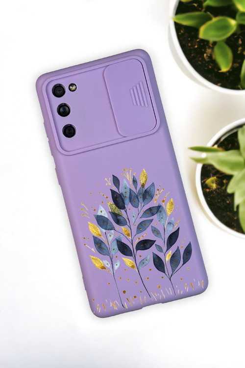 Samsung S21 Uyumlu Mavi Yaprak Desenli Kamera Koruma Slider Kapaklı Silikonlu Telefon Kılıfı