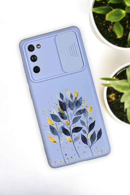 Samsung S21 Uyumlu Mavi Yaprak Desenli Kamera Koruma Slider Kapaklı Silikonlu Telefon Kılıfı