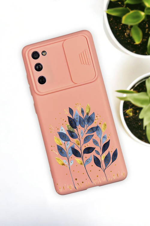 Samsung S21 Uyumlu Mavi Yaprak Desenli Kamera Koruma Slider Kapaklı Silikonlu Telefon Kılıfı
