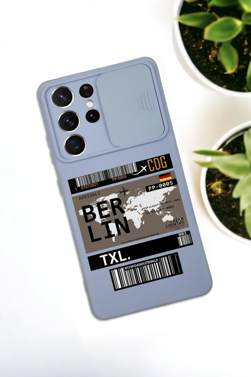 Samsung S21 Ultra Uyumlu Berlin Ticket Desenli Kamera Koruma Slider Kapaklı Silikonlu Telefon Kılıfı