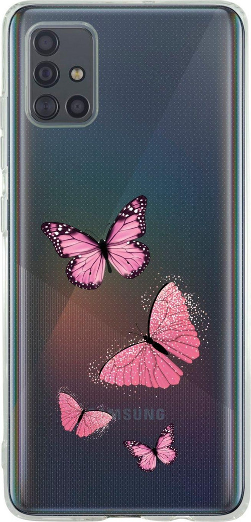 Uyumlu Samsung A71 Pembe Kelebekler Desenli Premium Şeffaf Silikon Kılıf