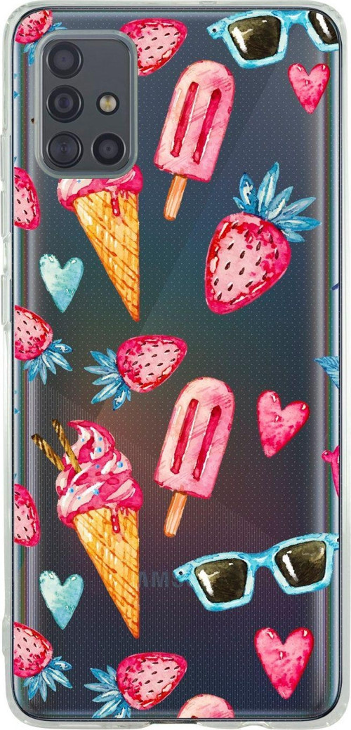 Uyumlu Samsung A71 Summer Çilek Desenli Premium Şeffaf Silikon Kılıf