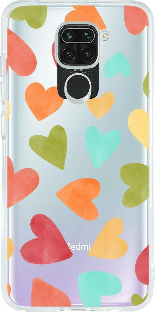 Xiaomi Redmi Note 9 Uyumlu Renkli Kalpler Desenli Premium Şeffaf Silikon Kılıf