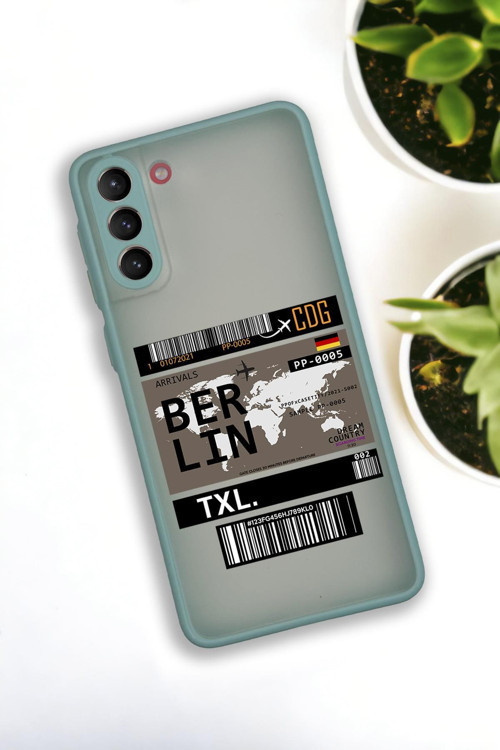 Samsung S21 Plus Uyumlu Berlin Ticket Desenli Buzlu Şeffaf Lüx Telefon Kılıfı