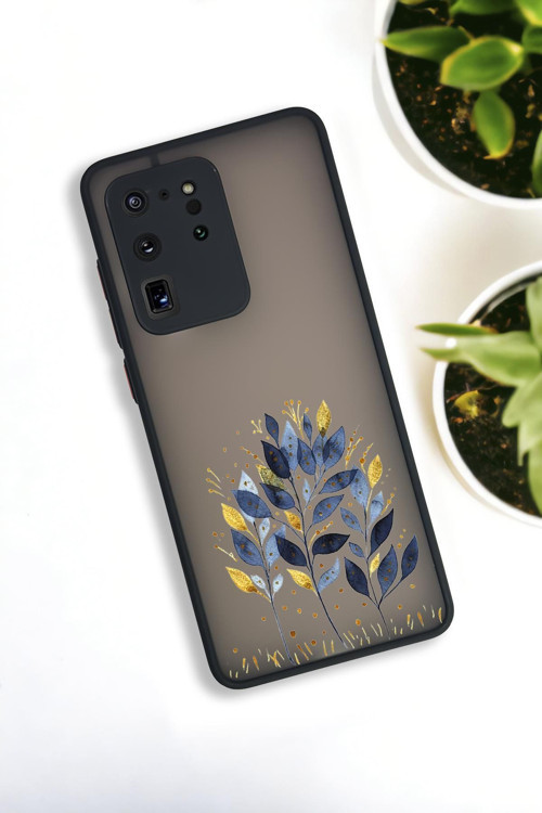 Samsung S20 Ultra Uyumlu Mavi Yaprak Desenli Buzlu Şeffaf Lüx Telefon Kılıfı