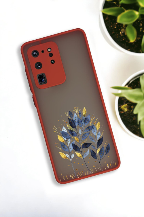 Samsung S20 Ultra Uyumlu Mavi Yaprak Desenli Buzlu Şeffaf Lüx Telefon Kılıfı