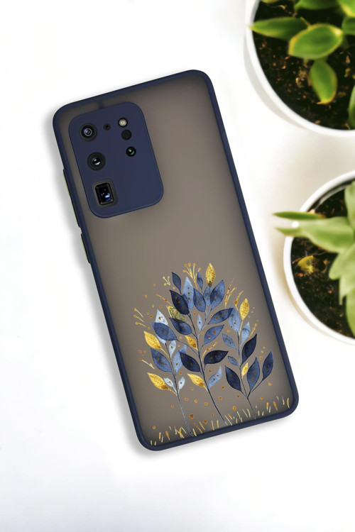 Samsung S20 Ultra Uyumlu Mavi Yaprak Desenli Buzlu Şeffaf Lüx Telefon Kılıfı