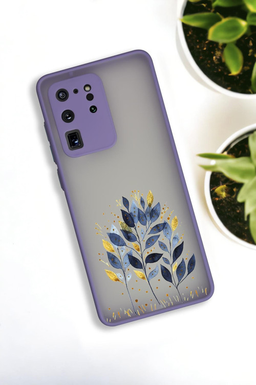 Samsung S20 Ultra Uyumlu Mavi Yaprak Desenli Buzlu Şeffaf Lüx Telefon Kılıfı
