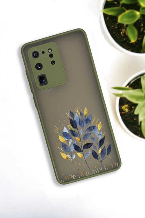 Samsung S20 Ultra Uyumlu Mavi Yaprak Desenli Buzlu Şeffaf Lüx Telefon Kılıfı