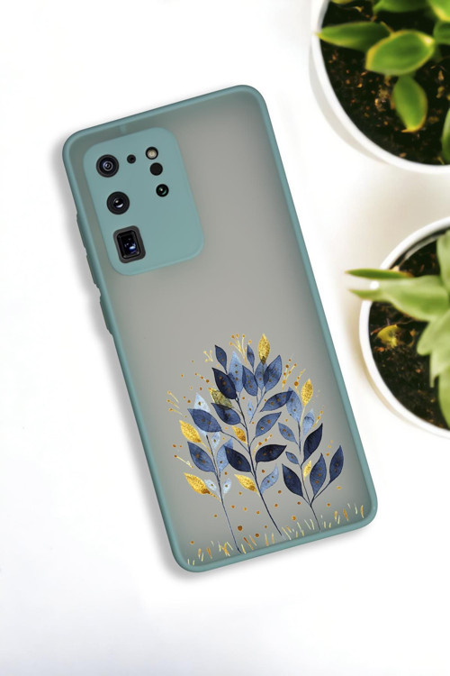 Samsung S20 Ultra Uyumlu Mavi Yaprak Desenli Buzlu Şeffaf Lüx Telefon Kılıfı