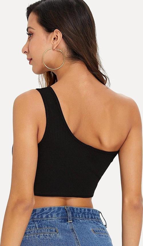 Kadın Siyah Tek Omuz Crop Büstiyer