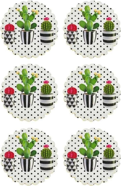 6lı Ahşap Kaktüs Desenli 9.5cm Kaydırmaz 5mm Bardak Sunum Altlığı