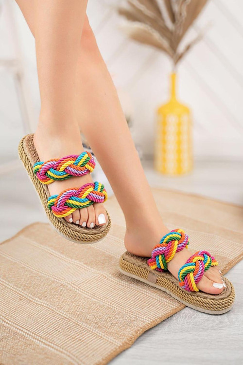 Rainbow Taba Şerit Örgü Halat Terlik