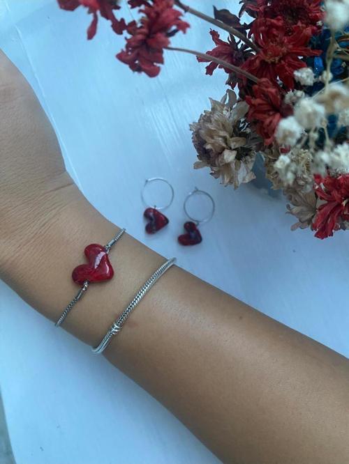 Charm Kırmızı Kalp  Cam Murano Bileklik Kırmızı Ipli Asansör Bileklik