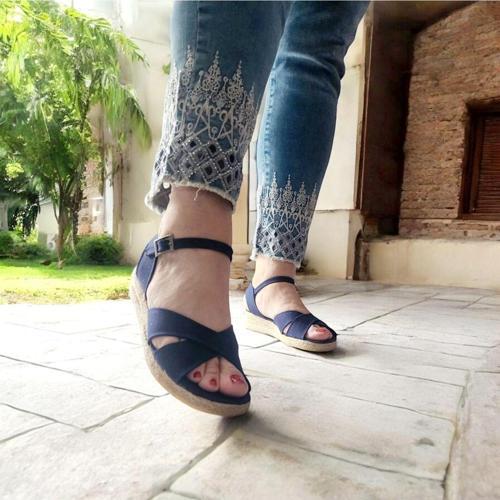 Kadın Günlük Çapraz Keten Hasır Sandalet 3 Cm