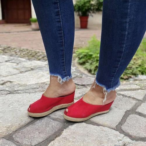 Kadın Günlük Yüksek Topuk Hasır Keten Burnu Açık Terlik 8 Cm