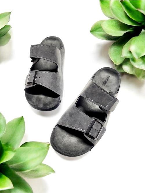 Tokalı Ve Cırtlı Ayarlanabilir Süet Deri Ev Ve Dışarı Terliği