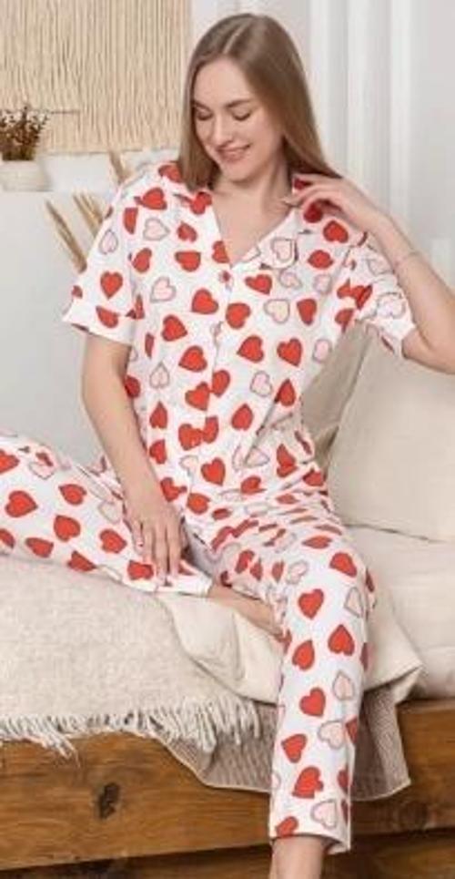 6295 Kadın Kalp Desenli Patlı Pijama Takımı