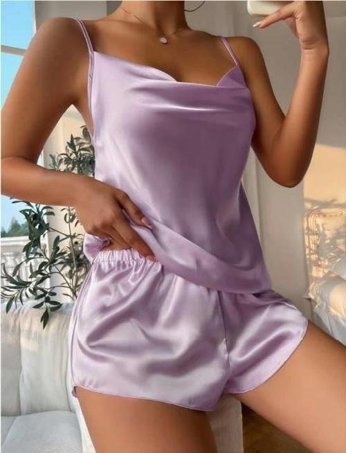  Lila İnce Askılı Saten Şortlu Takım