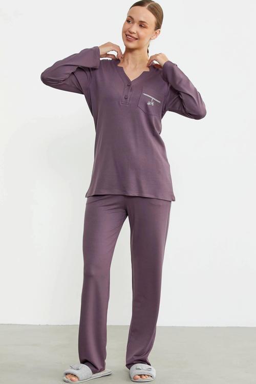76438 Yarım Düğmeli Cep Detaylı Pijama Takım