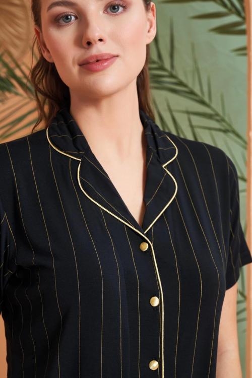 Kadın Kısa Kol Çizgili Önü Düğmeli Pijama Takımı