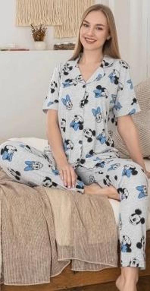 6283 Kadın Mickey Mouselu Patlı Pijama Takımı
