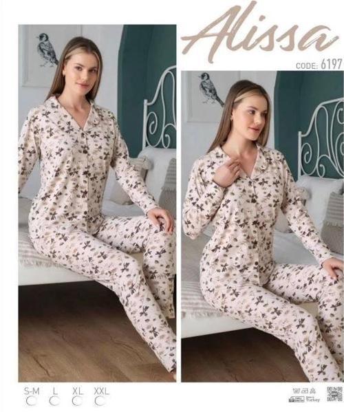 Bayan Önü Düğmeli Desenli Pijama Takımı