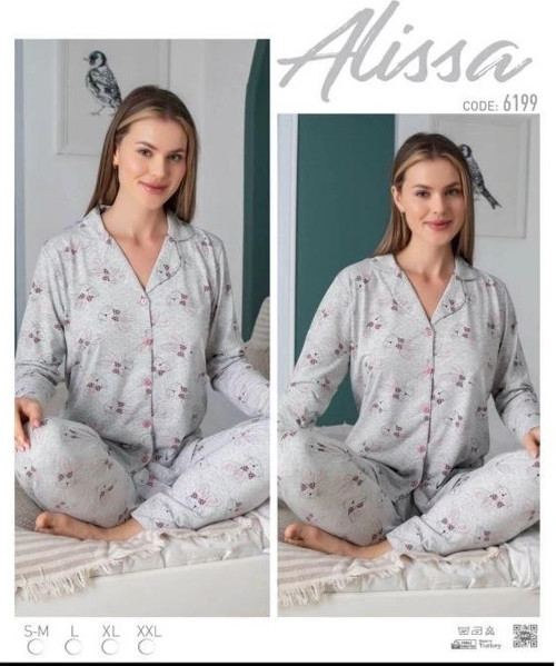 Bayan Önü Düğmeli Desenli Pijama Takımı