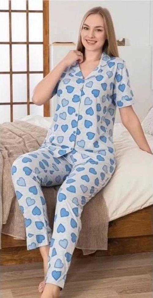 Mavi Kalpli Patlı Kısa Kol Pijama Takımı