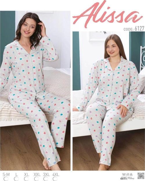 Kadın Gri Puanlı Uzun Kol Patlı Pijama Takımı