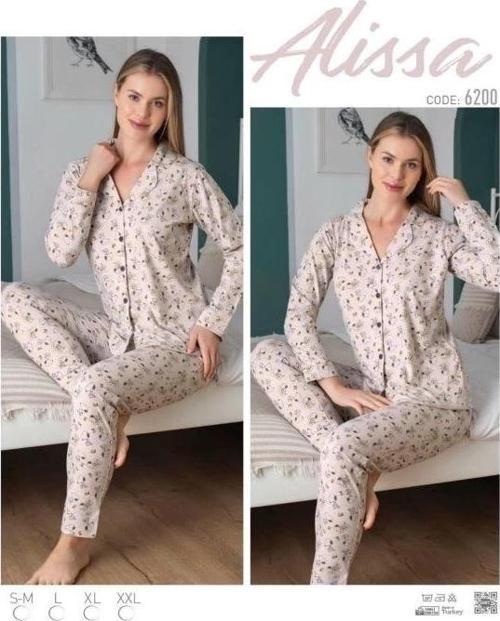 Bayan Önü Düğmeli Desenli Pijama Takımı