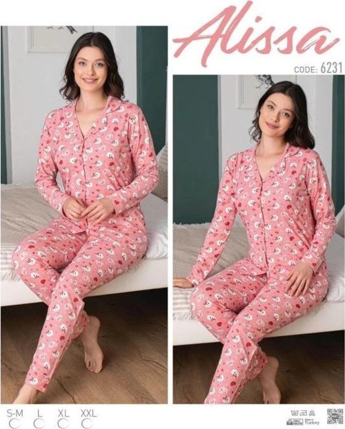 Bayan Önü Düğmeli Kedi Desenli Pijama Takımı
