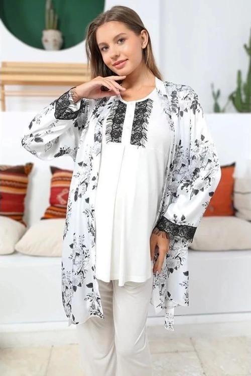 Kadın Lohusa Saten Sabahlıklı Pijama Takımı