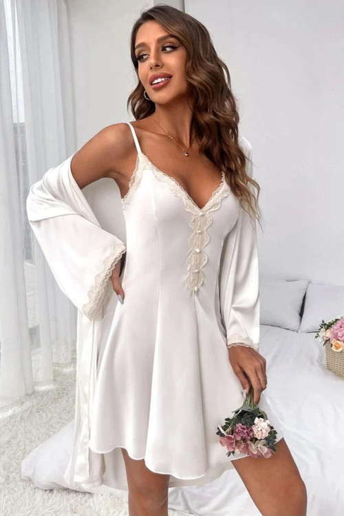 Beyaz Saten Dantel Detaylı Mini Kuşakı Sabahlık