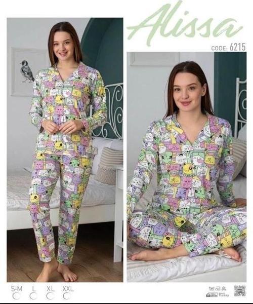 Bayan Önü Düğmeli Desenli Uzun Kol  Pijama Takımı
