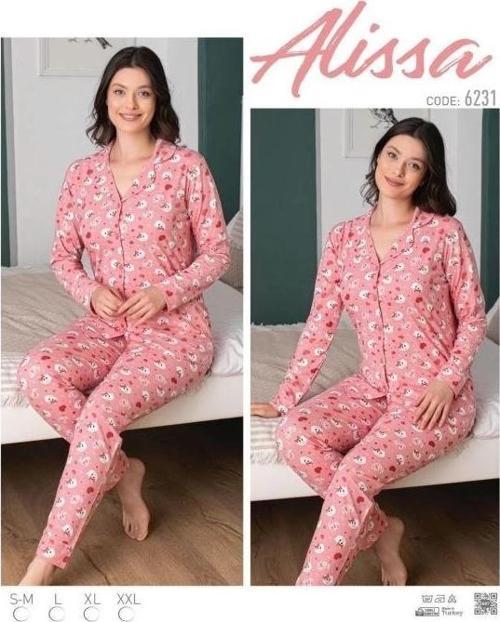 Bayan Önü Düğmeli Kedi Desenli Pijama Takımı
