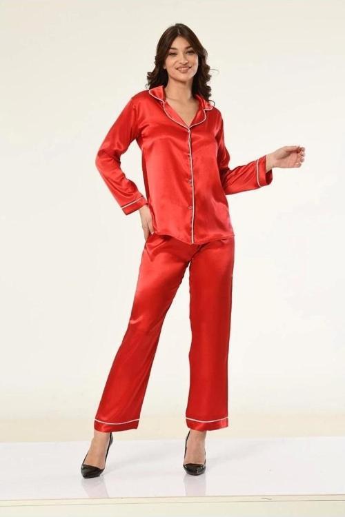 Saten Gömlek Yaka Patlı Pijama Takımı