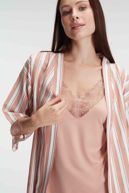 İp Askılı V Yaka Kadın Viskon Çizgili Desenli Yazlık Örme Sabahlıklı Pijama Takım