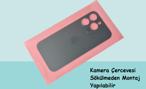 - iPhone 14 PRO Arka Pil Batarya Kapağı - Cam kapak Geniş Lens Deliği - FÜME