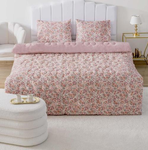 Pembe Bahar Çift Kişilik Çift Taraflı Papatyalı Kapitone Yorgan 200x215 cm